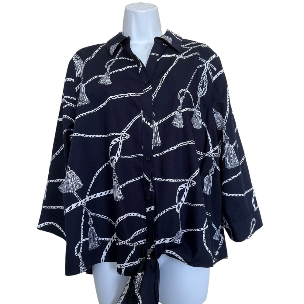Chico’s Women’s Sz 3(XL) No Iron Tassel Rope Print Tie Waist 3/4 Sleeve